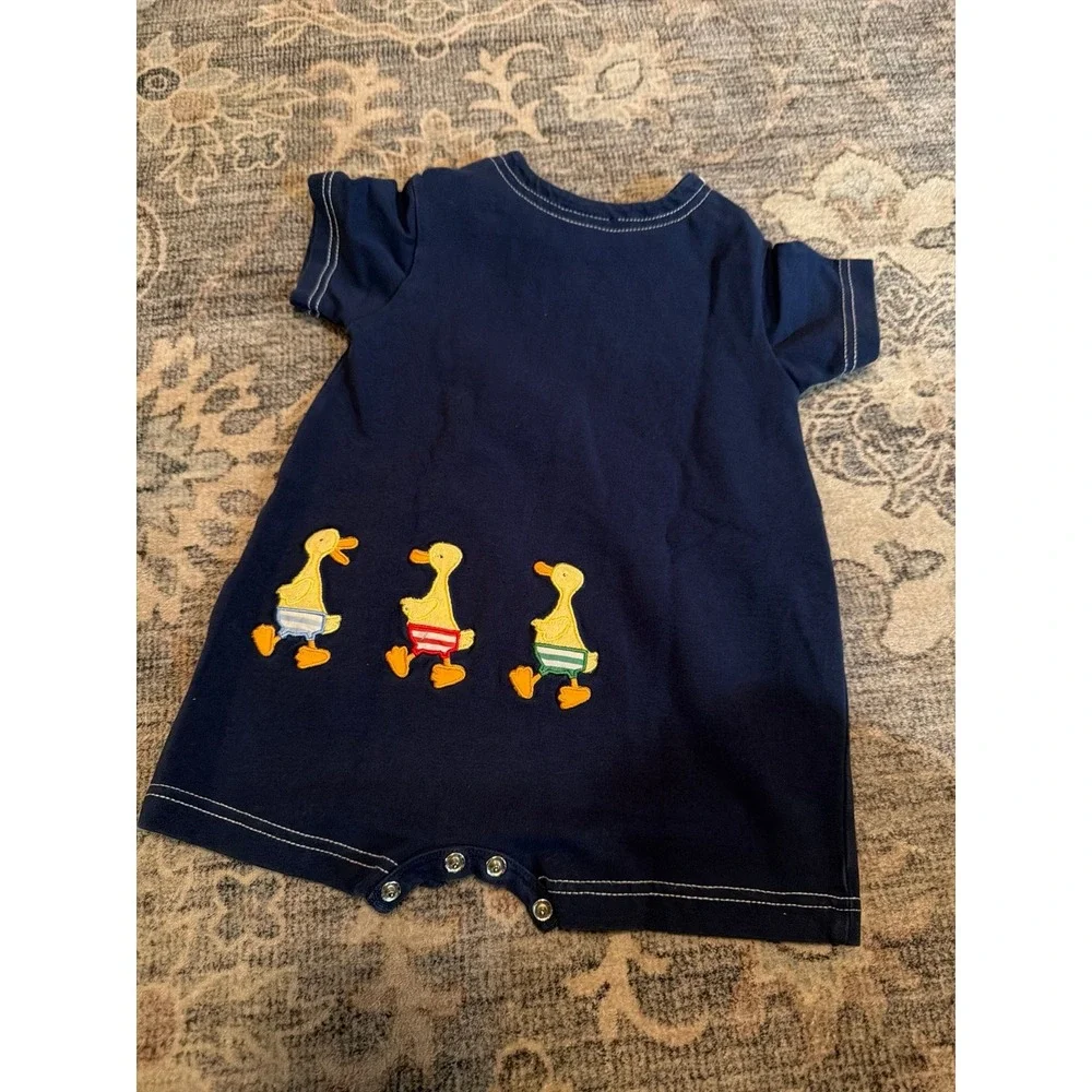 Vintage Le Top Infant Baby Outfit Romper Ducks Duckies Navy Blue